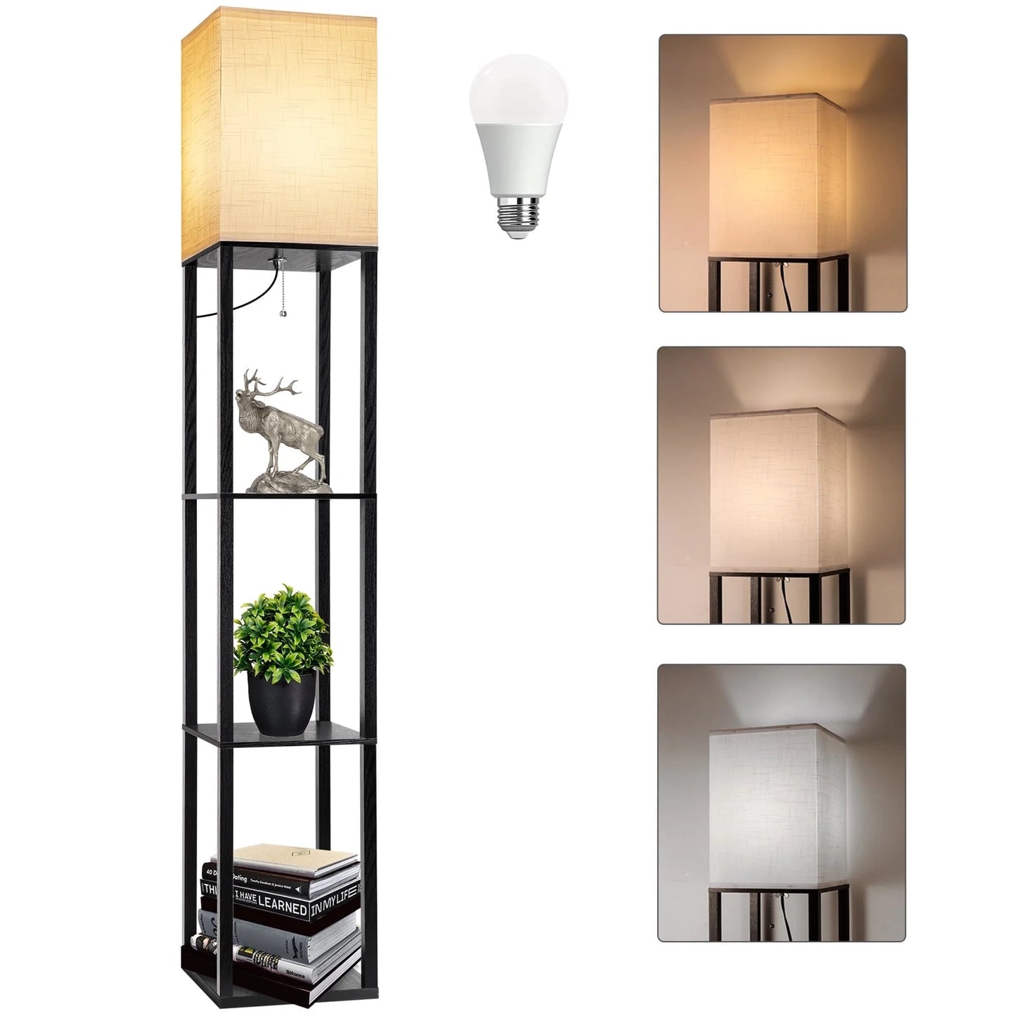63" Shelf Floor Lamps with Shelves for Living Room Bedroom Office Wood Modern Standing Lamps Black