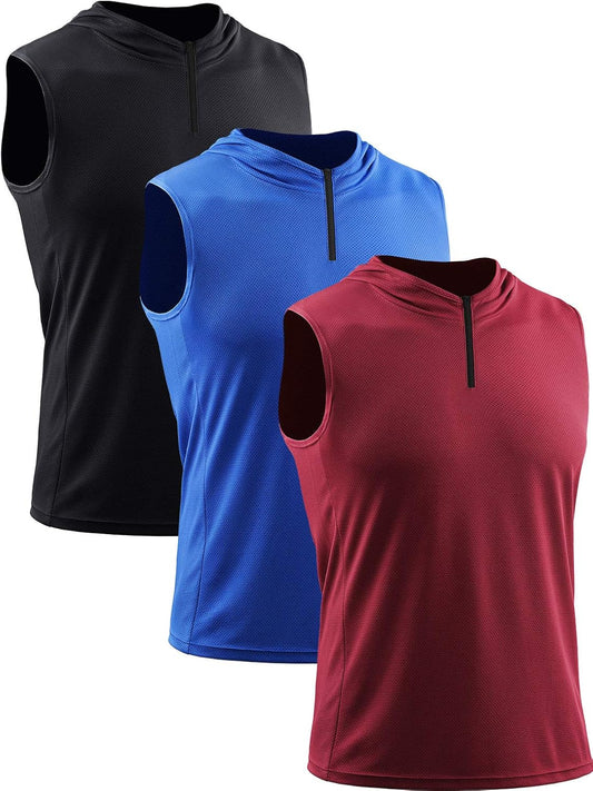 Men'S Running Tank Tops 3 Pack Sleeveless Workout Athletic Shirts with Hoods